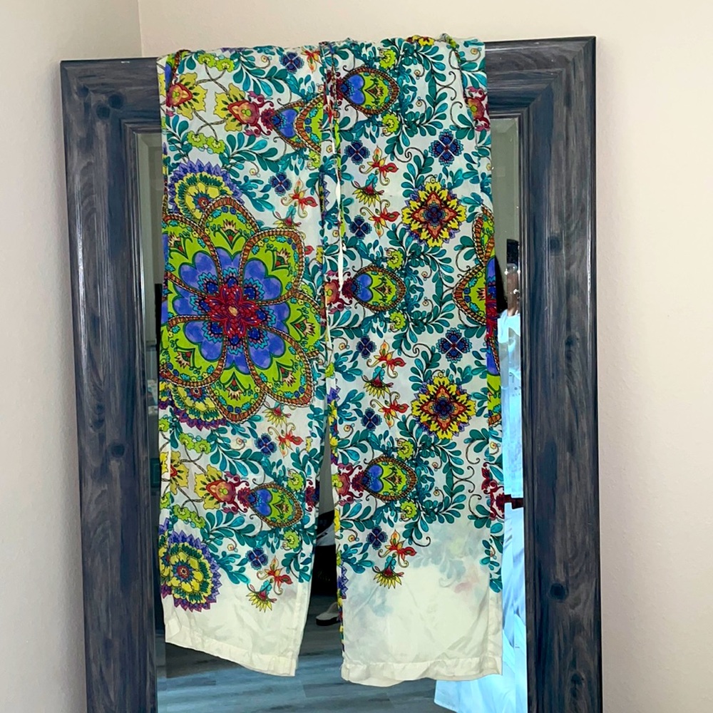 - Johnny Was 100% Silk wide leg drawstring pants